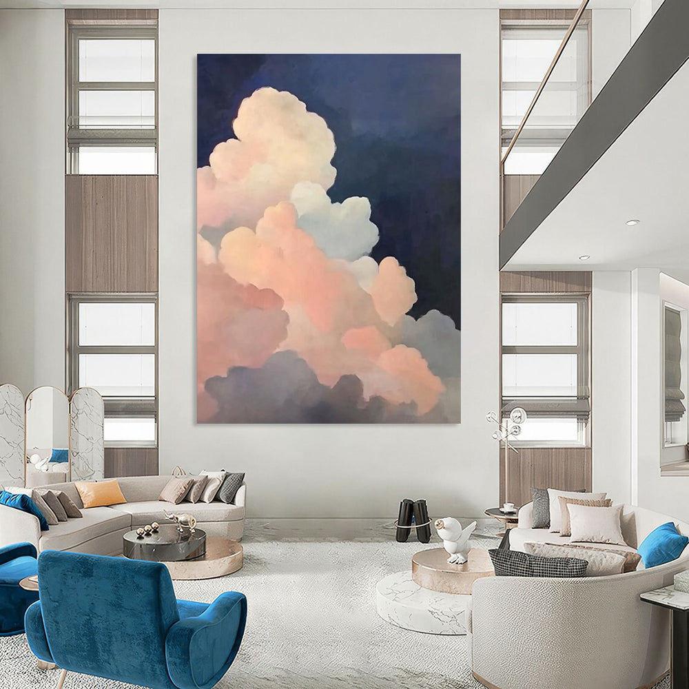 Contemporary hand-painted abstract artwork featuring soft pink and dark blue clouds with atmospheric lighting inspired by Michael Pitcher's style. DLZ1412
