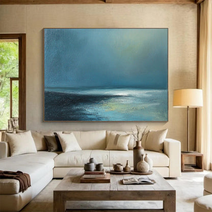 “Deep Blue Sea” - Dark Blue, Light Blue, Hints of Green, Calm Ocean and Sky Painting On Canvas HB0922