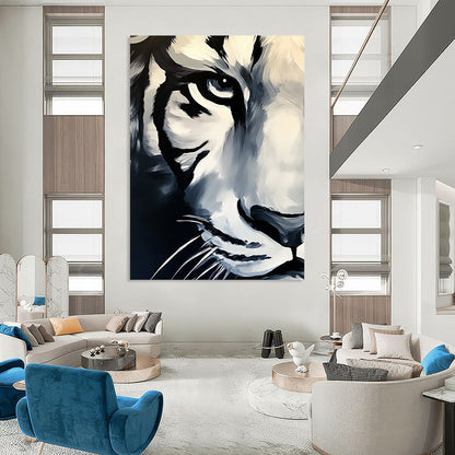 Contemporary abstract painting featuring a white tiger's face in dark tones against a grey background with vibrant brush strokes on canvas. DLZ1567