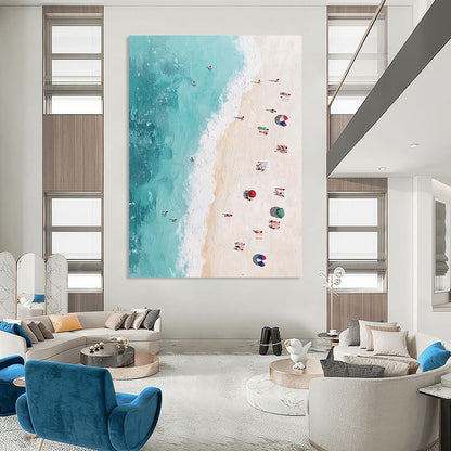 Contemporary abstract painting featuring an aerial beach view with vibrant figures soft brush strokes and pastel tones inspired by Jean-Michel Basquiat. DLZ1402