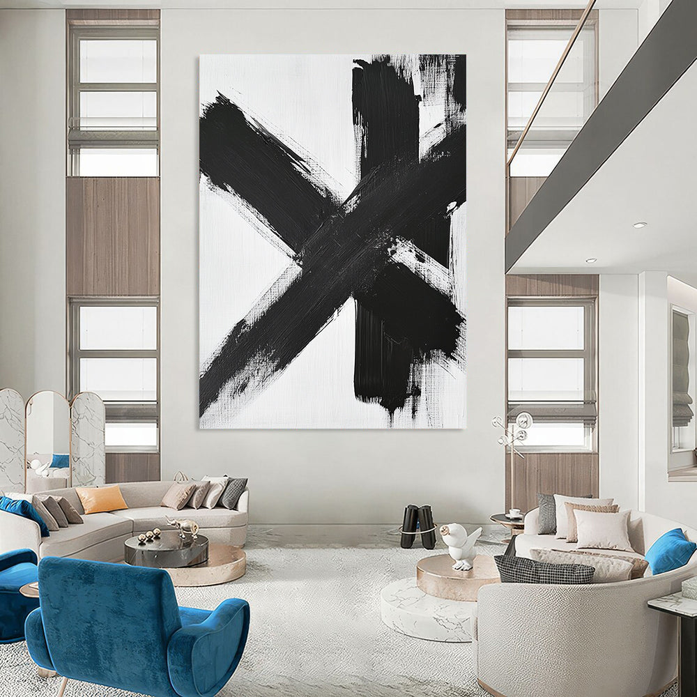 Contemporary large abstract painting featuring black and white brushstrokes dynamic textures and a symmetrical cross-shaped composition on a white background. DLZ1541