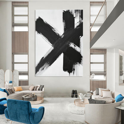 Contemporary large abstract painting featuring black and white brushstrokes dynamic textures and a symmetrical cross-shaped composition on a white background. DLZ1541