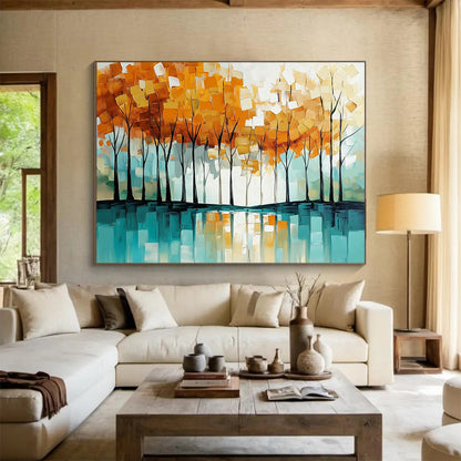 “Autumn Tree Reflection” - Orange - yellow trees, teal reflection, Abstract Landscape Painting On Canvas HB0566