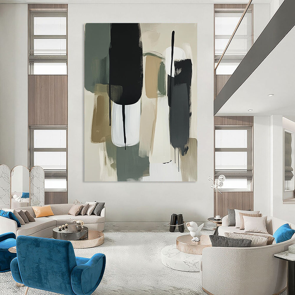 Contemporary hand-painted abstract artwork featuring thick brush strokes in sage green and white with neutral tones and striking black accents. DLZ0775