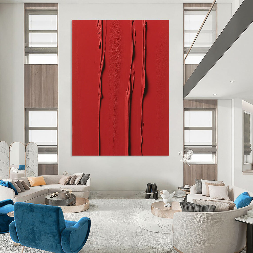 Contemporary abstract painting featuring vibrant red vertical strokes and textured layers evoking energy and passion in a minimalist symmetrical design. DLZ1694