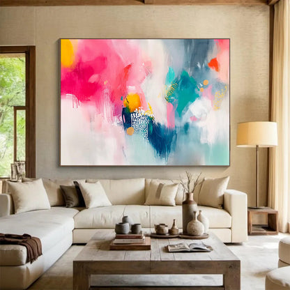 “Vibrant Pink Teal Abstract” - Pink, Teal, Yellow, White, Colorful Forms - Painting On Canvas HB1419