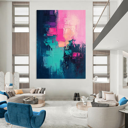 Contemporary large hand-painted abstract artwork featuring a vibrant color palette of pink teal and magenta for a striking visual impact. DLZ0703