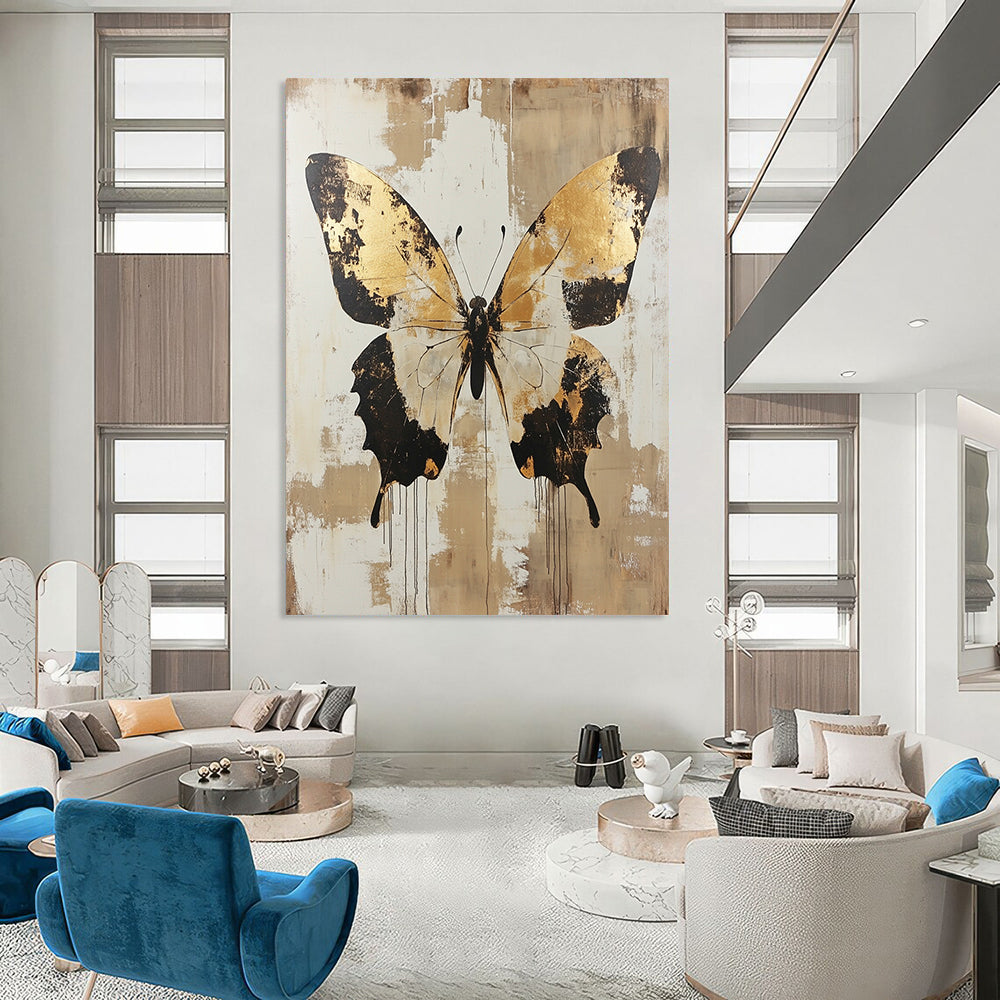 Large contemporary hand-painted abstract artwork featuring distressed butterfly design in gold and beige tones adding elegance to any space. DLZ1562