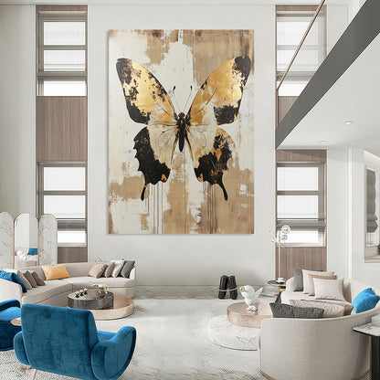 Large contemporary hand-painted abstract artwork featuring distressed butterfly design in gold and beige tones adding elegance to any space. DLZ1562