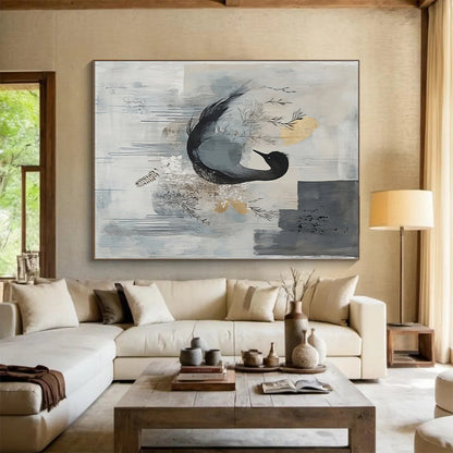Gray, Blue & Gold with Black Swan - “Elegant Avian Serenity” Painting On Canvas HB207