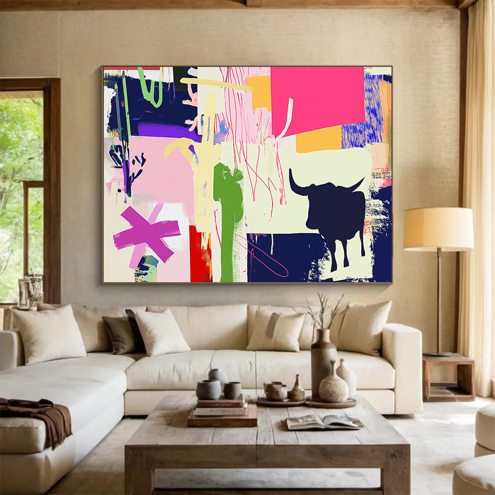 “Colorful Collage with Bull Silhouette” - Colorful Palette, Collage with Bull Shape Painting On Canvas HB0862