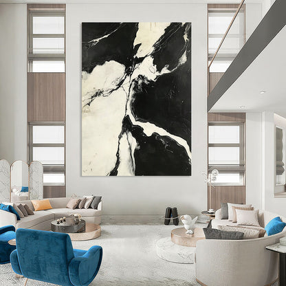 Contemporary hand-painted abstract art showcasing a striking black-and-white aerial view of high-contrast marble patterns. DLZ1138