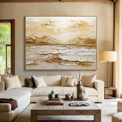 Neutral - Toned Textured Mountainscape - Minimalist Impasto Landscape Painting On Canvas HB0439