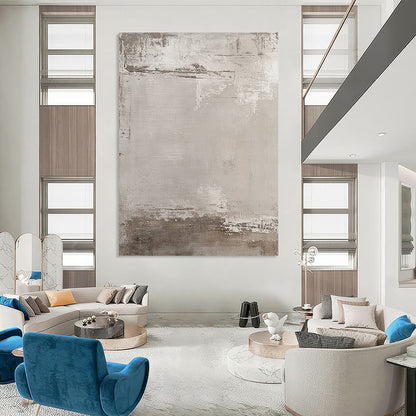 Large contemporary hand-painted abstract artwork featuring muted beige and gray tones with an industrial urban feel and textured brushstroke background. DLZ1173