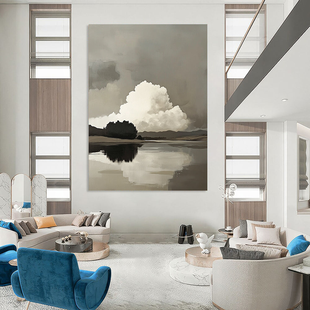 Contemporary abstract art featuring atmospheric clouds over a serene lake with hills and trees in soft neutral tones and subtle brush strokes. DLZ1097