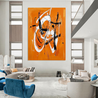 Contemporary hand-painted abstract artwork features vibrant orange and white shapes, dynamic lines, and energetic brushstrokes with striking black accents. DLZ0632