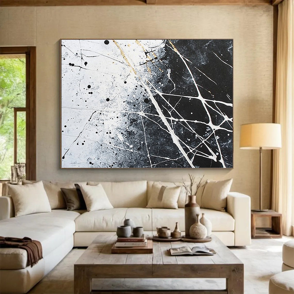 Black, White, Gray, Gold, Splattered Web "Golden Entanglement" Abstract Expressionist Painting On Canvas HB063
