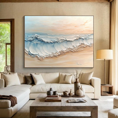 “Pastel Beach Wave Art” - Beige, Blue, White, Textured Beach Wave Painting On Canvas HB0974