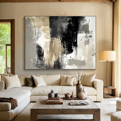 “Neutral Abstract Textures” - Beige, Gray, Black, White, Layered Textured Abstract Painting On Canvas HB0962