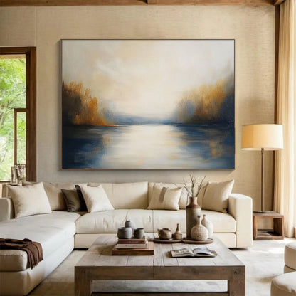“Sunlit Lake Reflection” - Whites, Yellows, Blues, Brown, Lake Scene - Impressionist Oil Painting HB1572