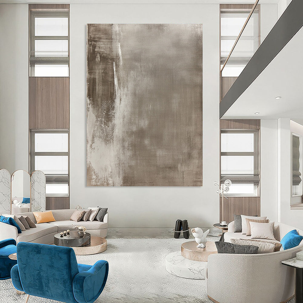 Contemporary hand-painted abstract art featuring aged canvas with muted tones and urban-inspired motifs, showcasing texture and unique character. DLZ1169