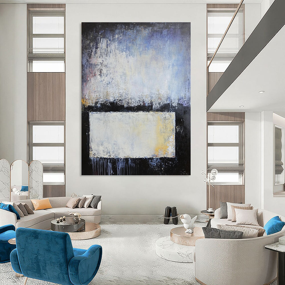 Contemporary hand-painted abstract artwork with blue gray and white layers soft edges textured metal elements evokes calmness and contemplation. DLZ0752