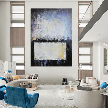 Contemporary hand-painted abstract artwork with blue gray and white layers soft edges textured metal elements evokes calmness and contemplation. DLZ0752