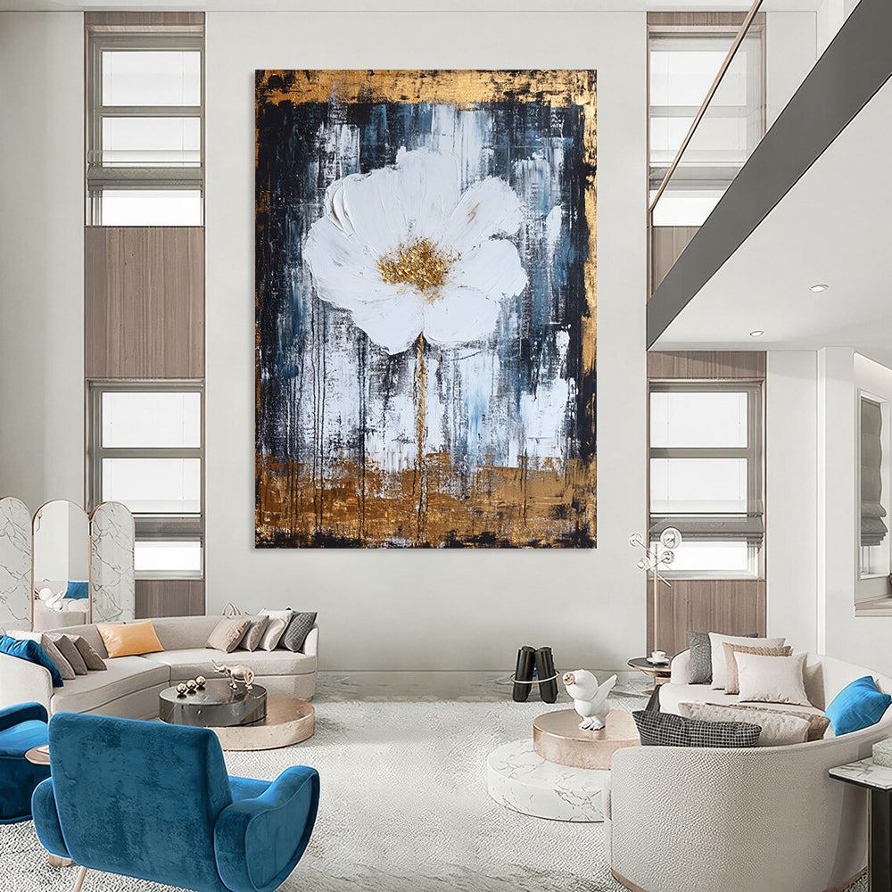 Contemporary hand-painted abstract artwork featuring white and gold tones, thick brush strokes, textured canvas, and a harmonious design with elegant metallic accents. DLZ0779
