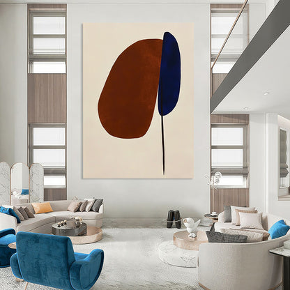 Contemporary hand-painted abstract art featuring simple brown and blue shapes on white, highlighting an oval and a space-inspired petal in a minimalist style. DLZ1310