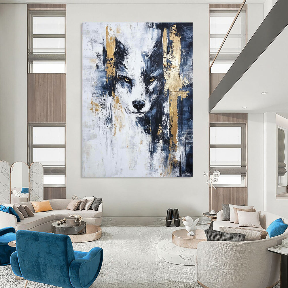 Large contemporary hand-painted abstract artwork featuring blue black white textures with intricate gold accents in a striking modern style. DLZ0359
