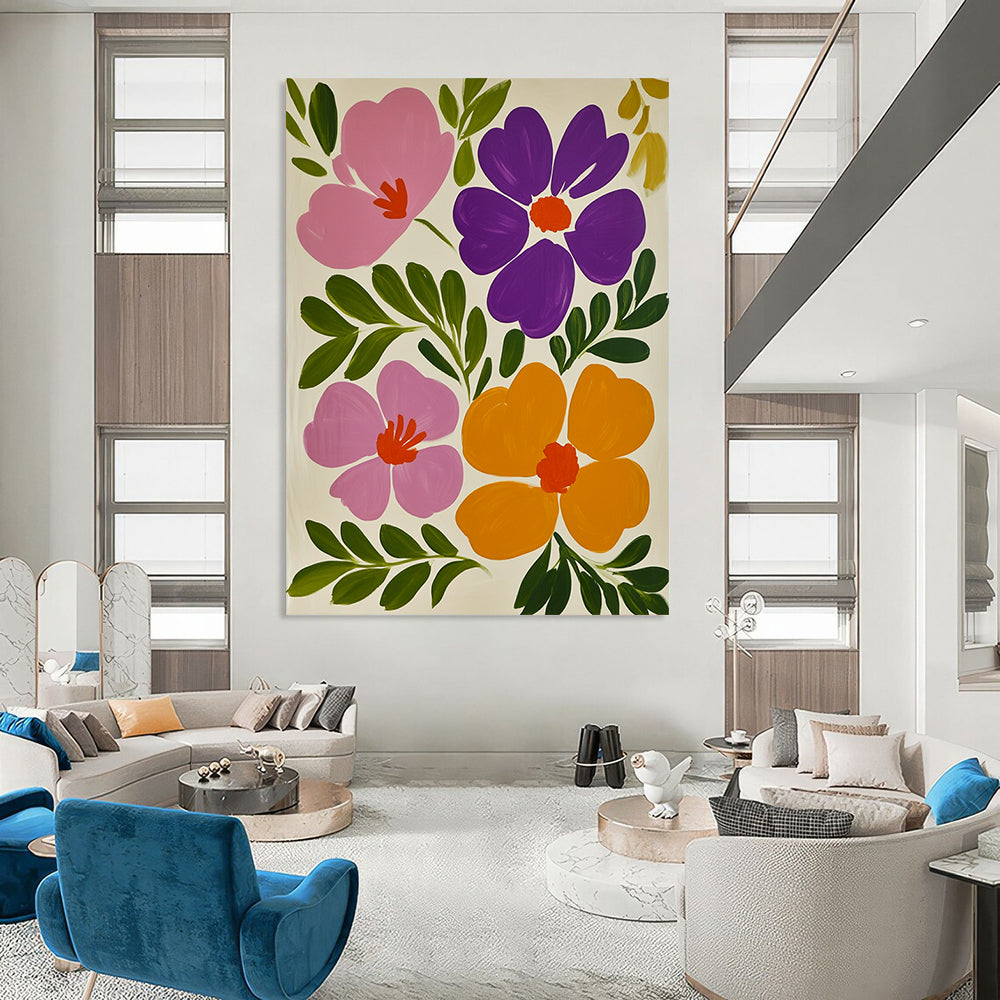Contemporary hand-painted abstract art featuring vibrant pink and purple flowers against a white background with lush green leaves and vivid orange accents. DLZ1598