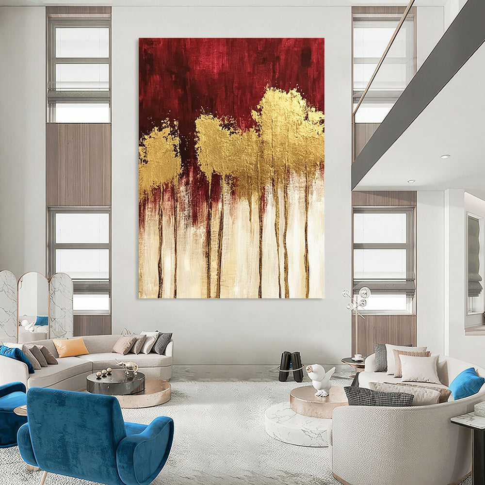 Contemporary hand-painted abstract art featuring textured red and gold trees with striking gold foil accents and a rich dark red and white palette. DLZ1445