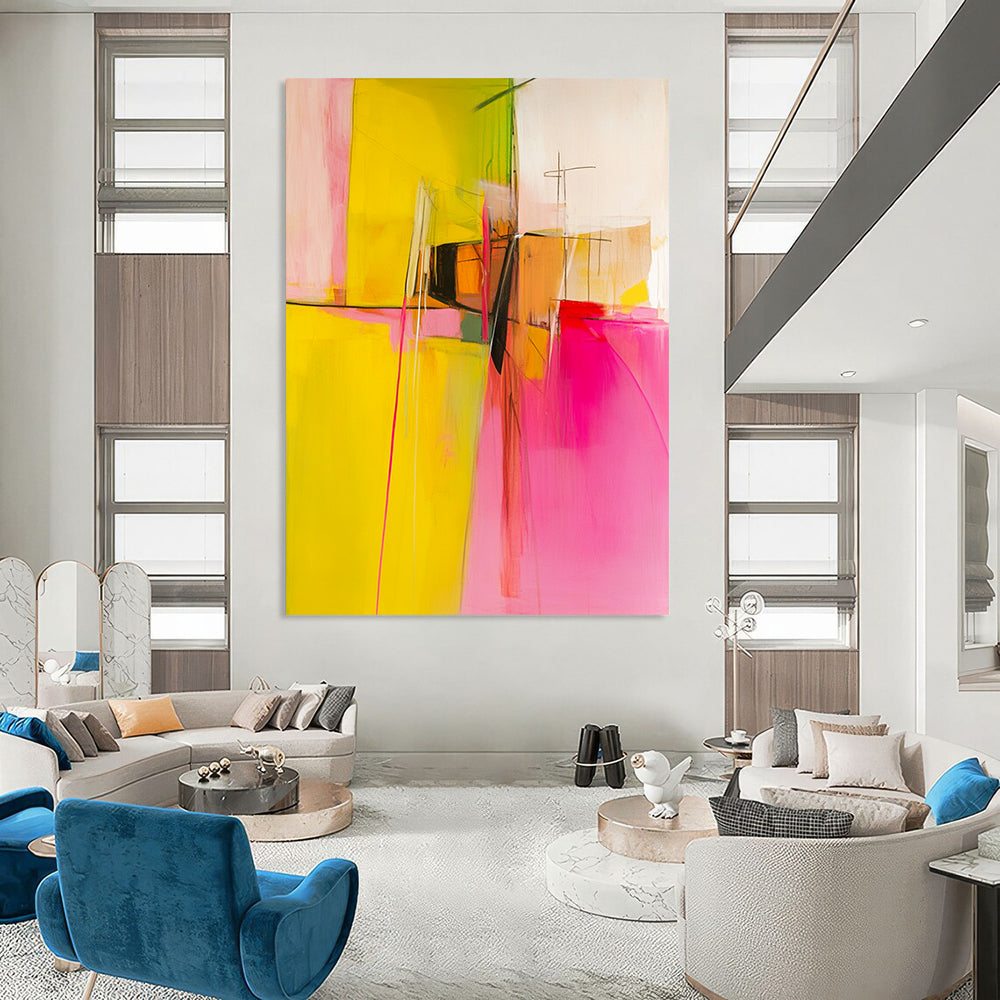 Contemporary abstract painting featuring pink and yellow hues, geometric shapes, and white space, evoking emotions through bold brushstrokes and soft curves. DLZ0719