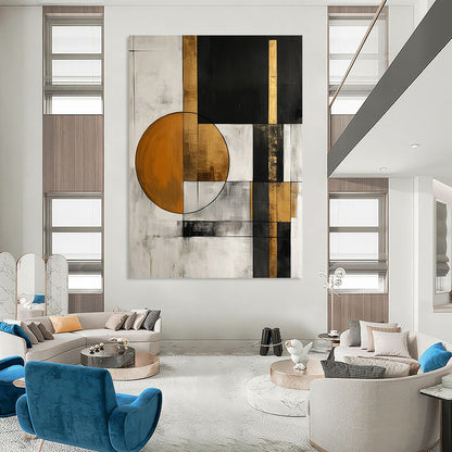 Contemporary abstract painting with white black gray and gold shapes featuring an orange circle and simple forms perfect for modern decor. DLZ0765