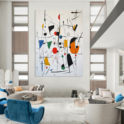 Contemporary abstract artwork featuring expressive shapes in vibrant colors with black red circles green blue squares and dynamic lines evocative of Joan Miró's style. DLZ1511