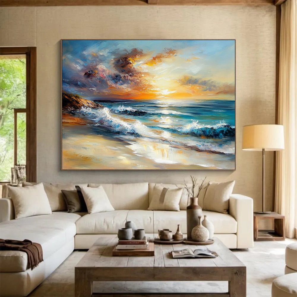 Sunset Beach with Crashing Waves - Expressive Impasto Seaside Painting On Canvas HB0441