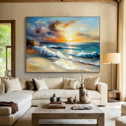 Sunset Beach with Crashing Waves - Expressive Impasto Seaside Painting On Canvas HB0441