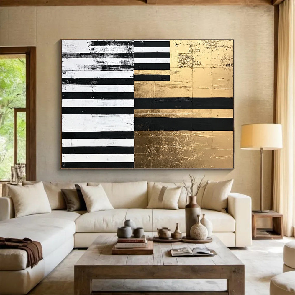 Black, White, Gold and Gray Geometric Abstraction "Elegant Stripes" Painting On Canvas HB402