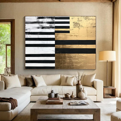 Black, White, Gold and Gray Geometric Abstraction "Elegant Stripes" Painting On Canvas HB402