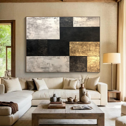 Black, White, Gold, Geometric Blocks "Gilded Monochrome Blocks" Abstract Geometric Painting On Canvas HB171