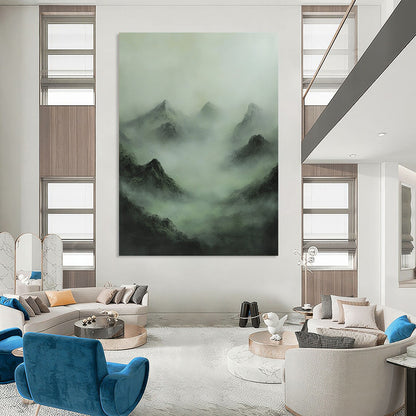 Contemporary abstract painting featuring a misty mountain range in muted greens and grays, evoking enigmatic Chinese mythology and a sense of mystery. DLZ1365