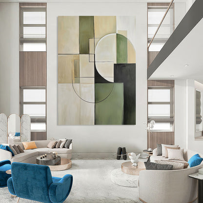 Contemporary hand-painted abstract artwork featuring minimalist beige and green tones with geometric squares and circles for a sophisticated aesthetic. DLZ0552