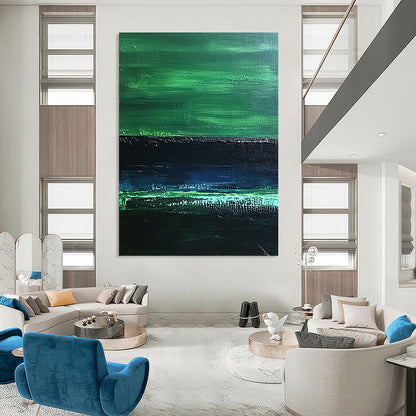 Contemporary abstract painting features textured dark greens and a serene emerald band, evoking calmness reminiscent of dimly lit water reflections. DLZ1242