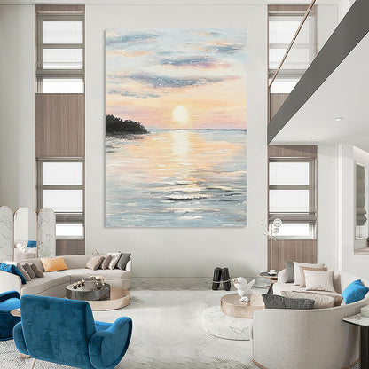 Contemporary hand-painted abstract artwork capturing serene coastal sunset hues reflecting on calm waters, evoking tranquility and peace. DLZ1458