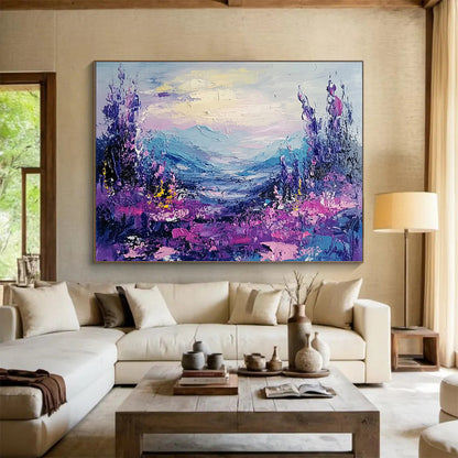 “Vibrant Purple Valley” - Lush Purples, Pinks, and Blues, Textured Mountain Valley with Floral Details Painting On Canvas HB0908