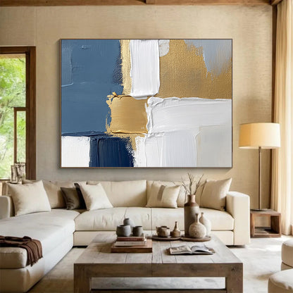 Blue, White, and Gold Geometric Abstract - Modernist Painting On Canvas HB0501