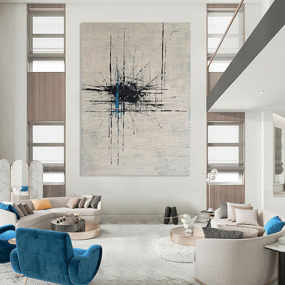 Contemporary hand-painted abstract artwork featuring dynamic lines and dots on white canvas enhanced by bold black ink and vibrant blue highlights. DLZ0883