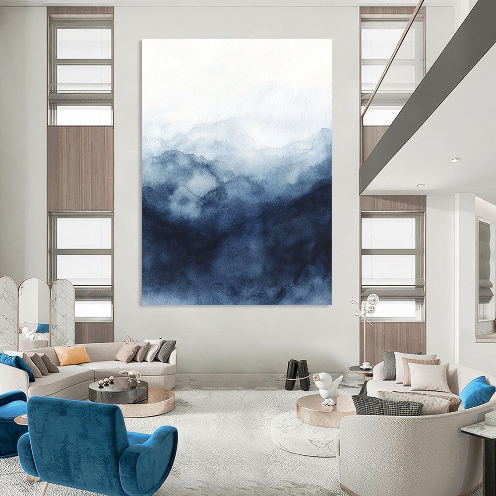 Contemporary abstract watercolor art featuring a stormy sky in dark blue and gray hues on a white background, evoking depth and mystery. DLZ0812