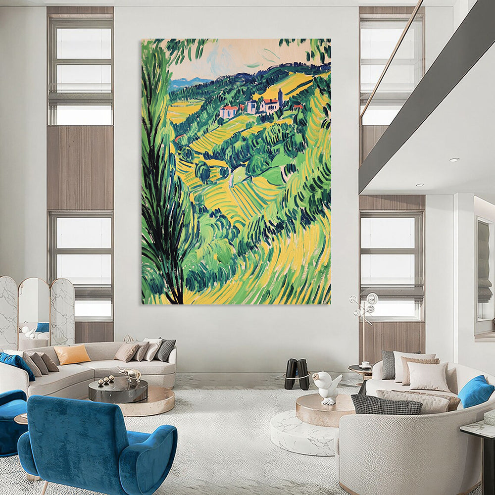 Contemporary hand-painted abstract artwork capturing a vibrant Valençay valley in green and yellow hues, showcasing a vintage style elegance. DLZ1692