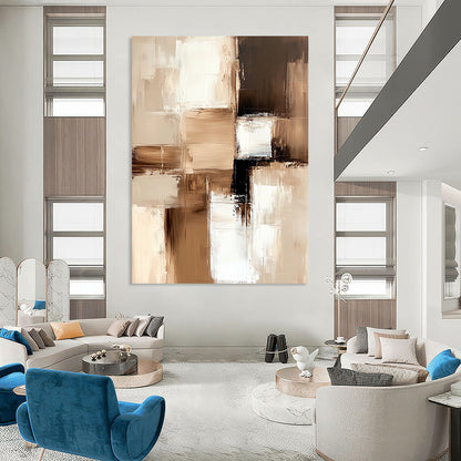 Large contemporary abstract painting featuring beige and white blocks with soft edges and delicate brushstrokes on a textured canvas in neutral tones. DLZ1024